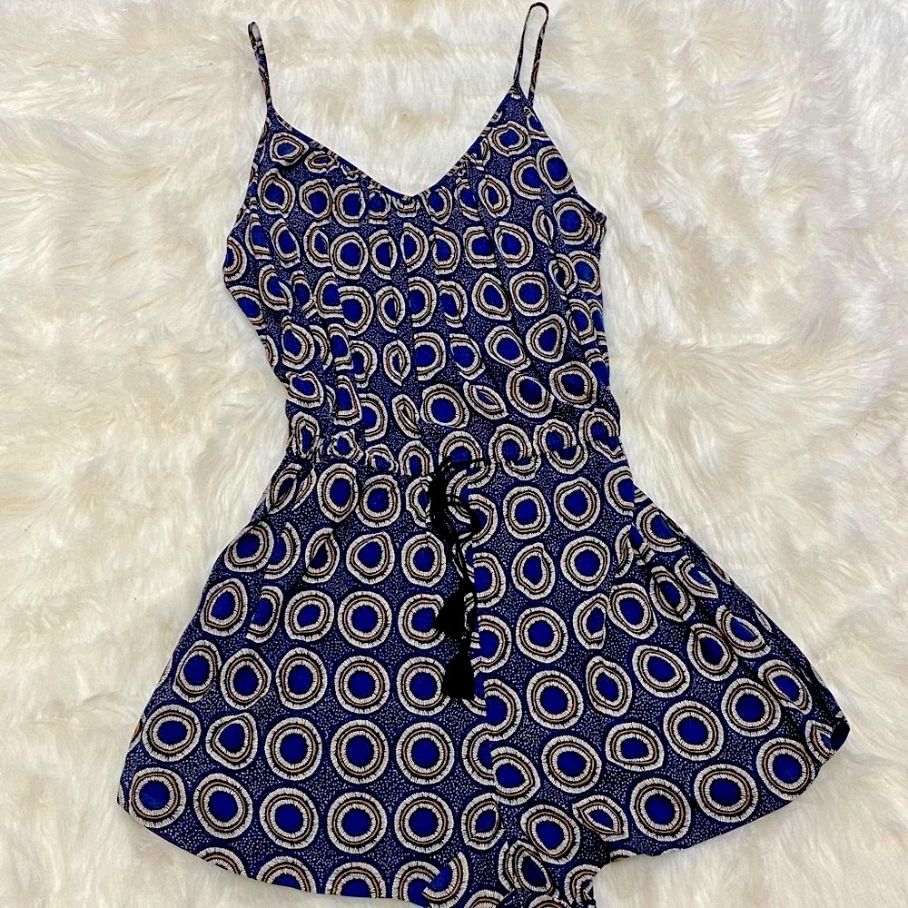 Blue Gold Circle Print Romper w Pockets!